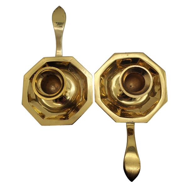 2 Brass Candlestick Holders Handle Tray 6" Vintage Chambersticks Candleholders - Picture 4 of 12